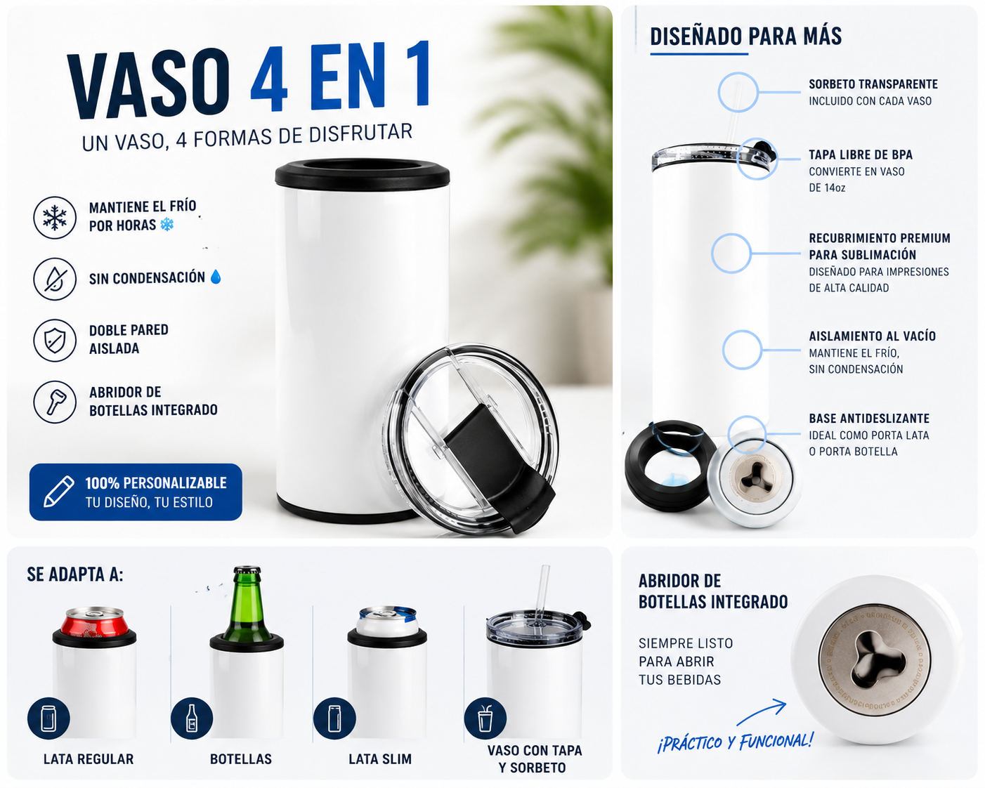 Vaso Personalizado 4 en 1 | Porta Lata, Porta Botella y Tumbler con Tapa