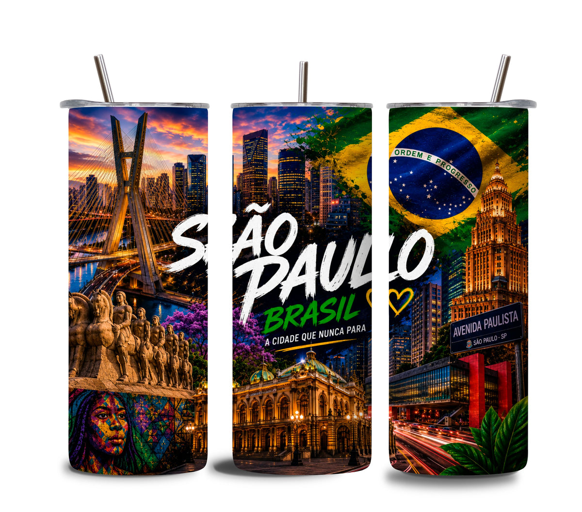 Brazil Tumbler 20 oz – São Paulo City, Brazilian Flag and Landmarks Travel Cup