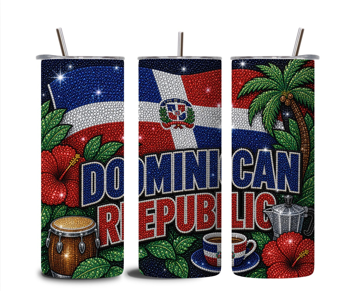Vaso Térmico Skinny de 20oz con Efecto Imitación de Pedrería de la República Dominicana | Diseño Sublimado Brillante | Tropical con Bandera y Café | Regalo para Dominicanos