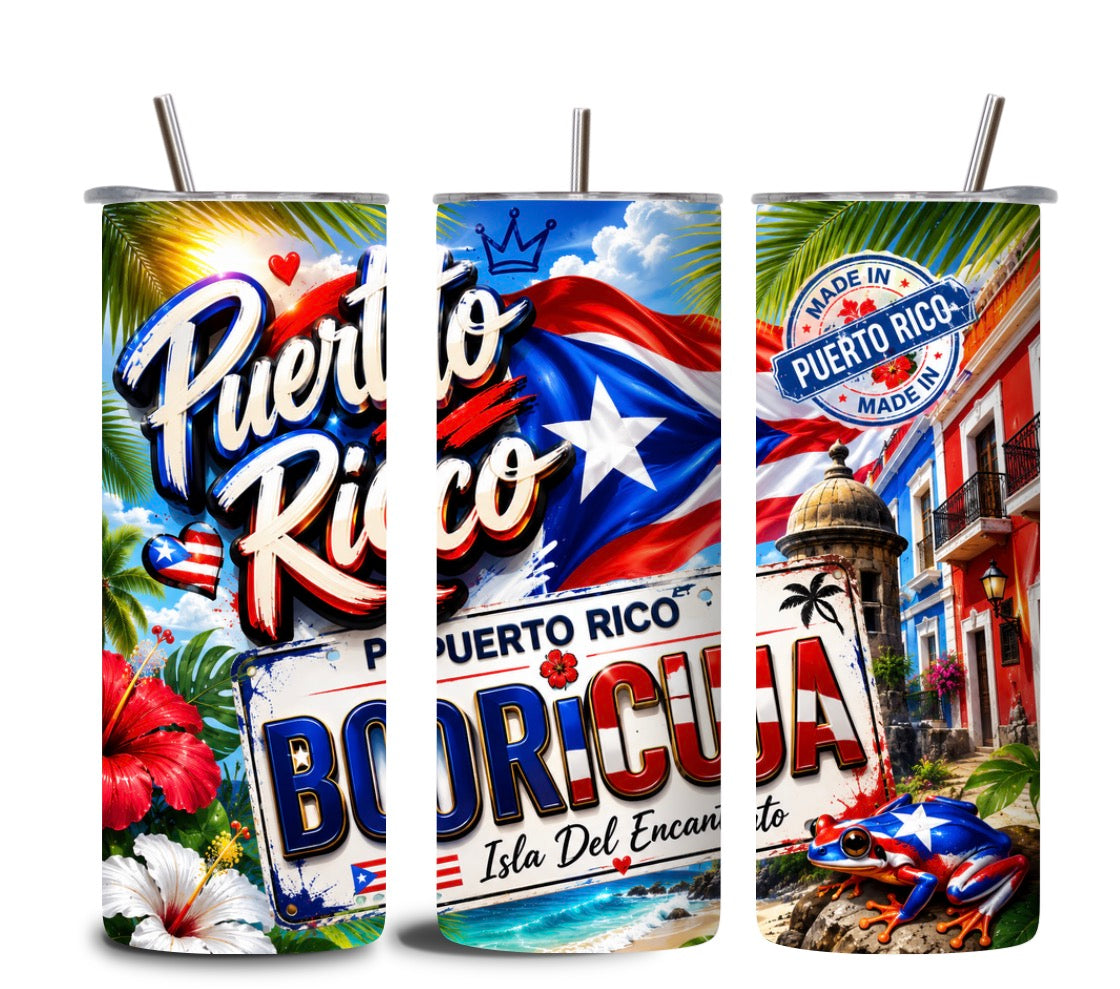 Puerto Rico Boricua 20oz Skinny Tumbler | Tropical Flag & Old San Juan | Puerto Rican Pride Sublimated Travel Cup