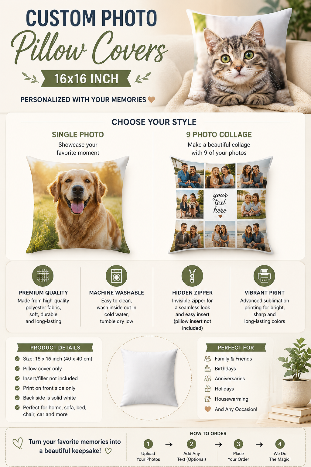 Custom Photo Pillow Cover 16x16 – Personalized Picture Pillow – Single Photo or 9 Photo Collage Cushion Cover