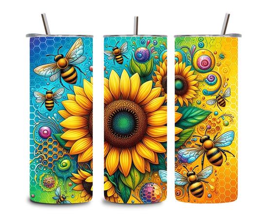 Sunflower Tumbler 🌻 | 20oz Skinny Tumbler | Floral & Bee Design | Aesthetic Gift Cup