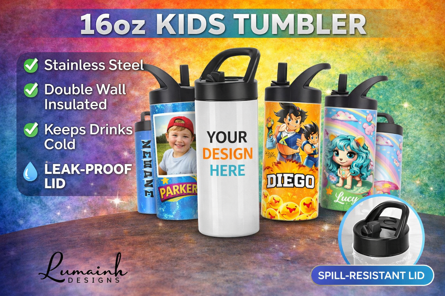 Custom Kids Tumbler 🧃 | Personalized 16oz Kids Cup | Name, Photo & Cartoon Design