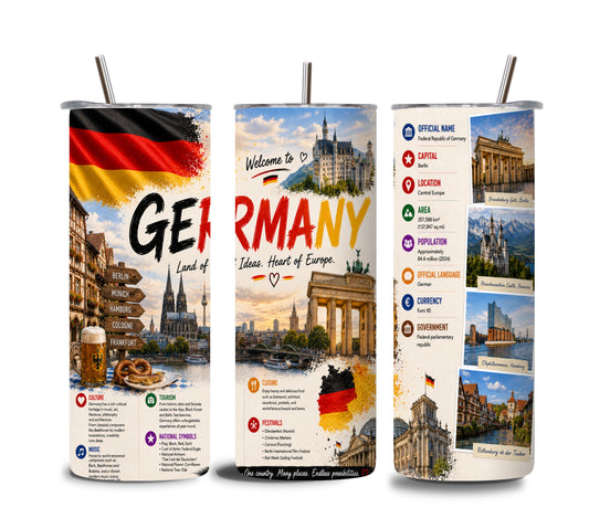 Germany 20 oz Insulated Tumbler with Lid and Straw – German Flag, Cities, Landmarks and Culture Design