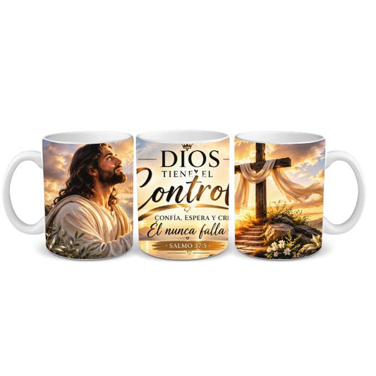 Taza Cristiana con Jesús y Cruz – Dios Tiene el Control, Salmo 375  Taza de Café Religiosa 11 oz
