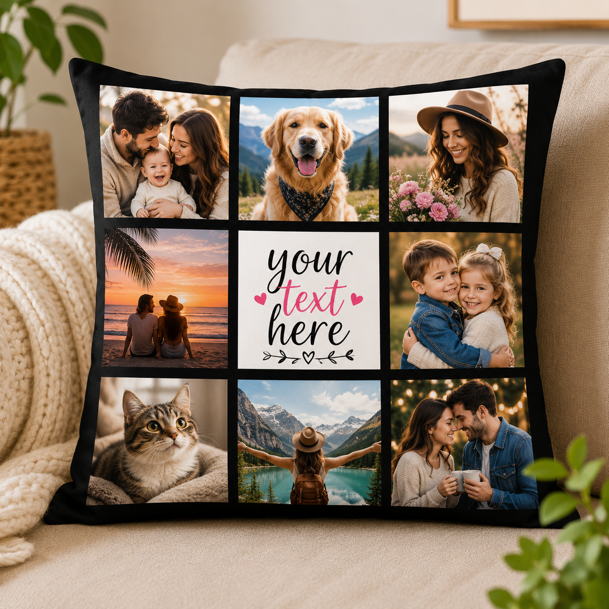 Custom Photo Pillow Cover 16x16 – Personalized Picture Pillow – Single Photo or 9 Photo Collage Cushion Cover