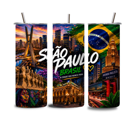 Brazil Tumbler 20 oz – São Paulo City, Brazilian Flag and Landmarks Travel Cup