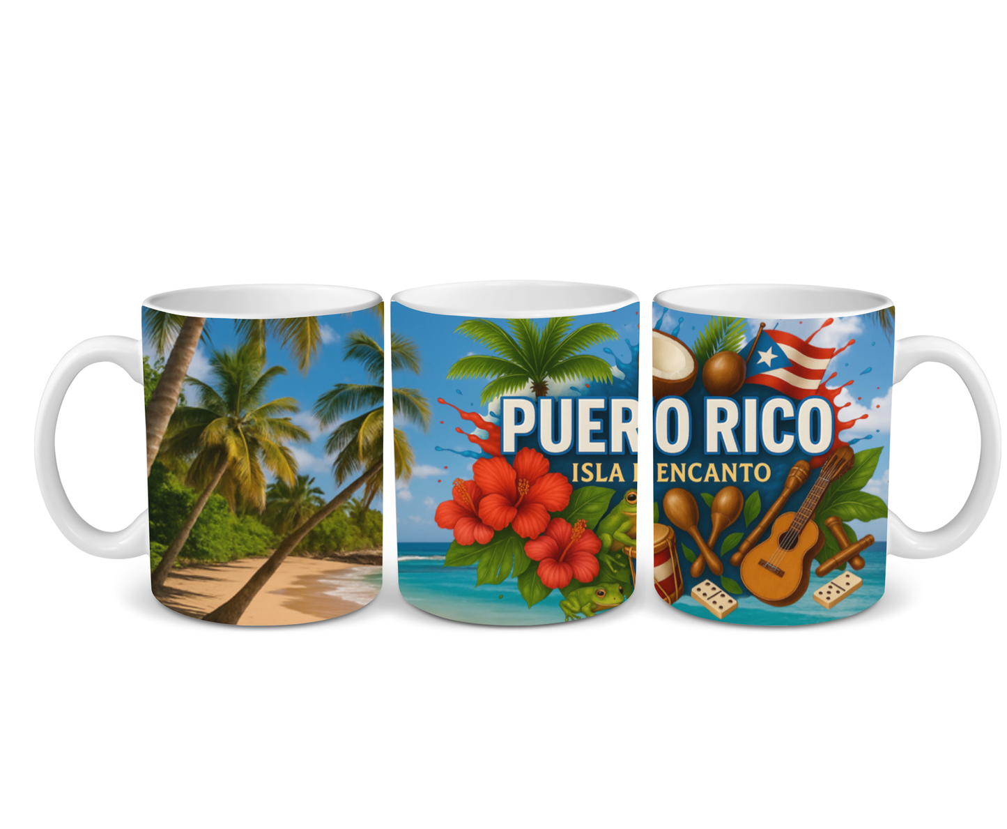 Puerto Rico Mug ~ Isla del Encanto Tropical Beach Design with Musical Elements and Hibiscus Flowers Ceramic Drinkware