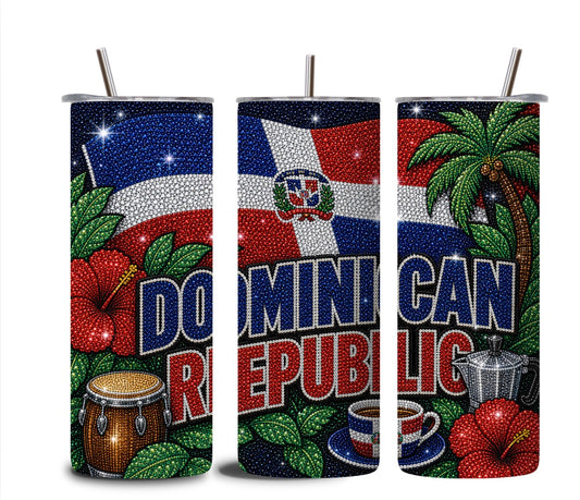 Vaso Térmico Skinny de 20oz con Efecto Imitación de Pedrería de la República Dominicana | Diseño Sublimado Brillante | Tropical con Bandera y Café | Regalo para Dominicanos