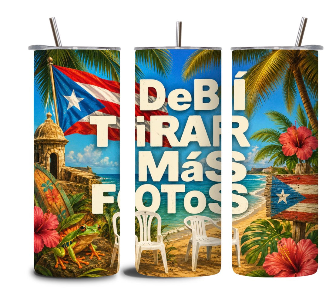 Puerto Rico Tropical 20oz Skinny Tumbler | DeBÍ Tirar Más Fotos | Coquí, El Morro, Beach & Puerto Rican Flag | Sublimated Travel Cup