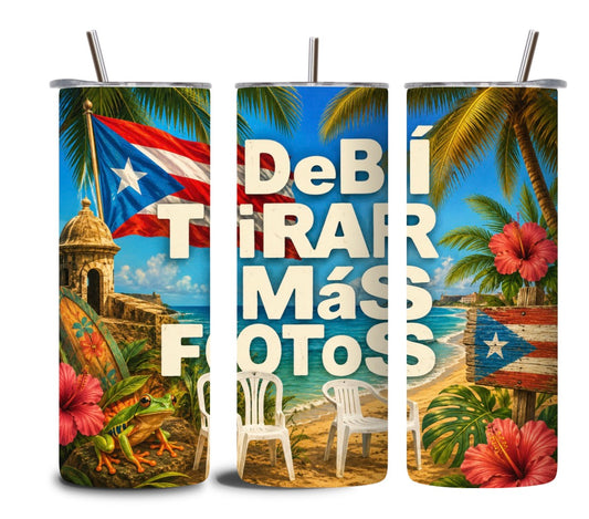Puerto Rico Tropical 20oz Skinny Tumbler | DeBÍ Tirar Más Fotos | Coquí, El Morro, Beach & Puerto Rican Flag | Sublimated Travel Cup