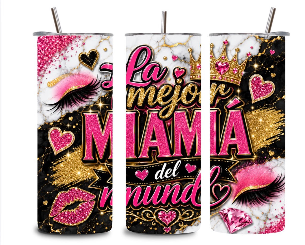 La Mejor Mamá del Mundo 20oz Tumbler – Pink Black & Gold Glam Spanish Mom Gift | Crystal Glitter Effect