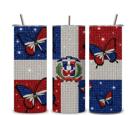 Dominican Republic Butterfly Rhinestone Crystal Effect Tumbler – 20oz Skinny Cup