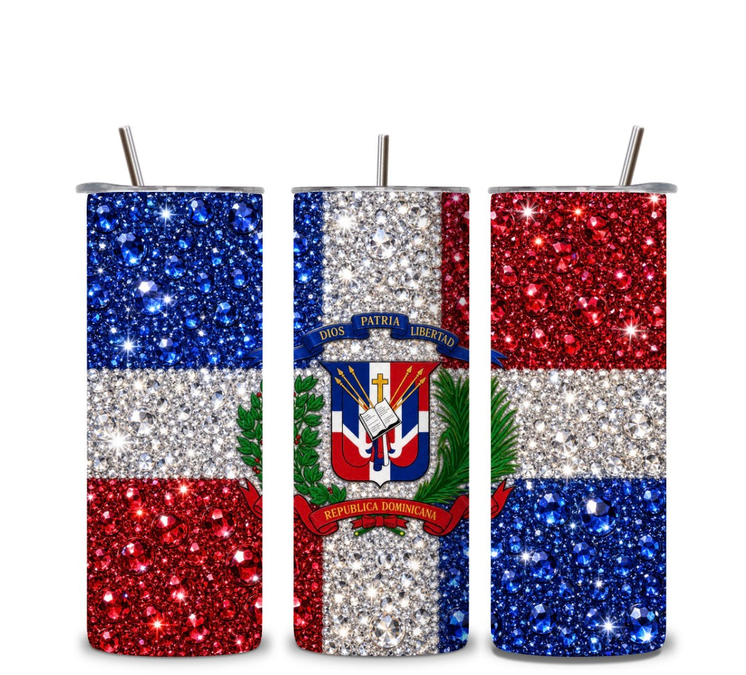 Dominican Republic Rhinestone Crystal Effect Tumbler – 20oz Skinny Insulated Cup