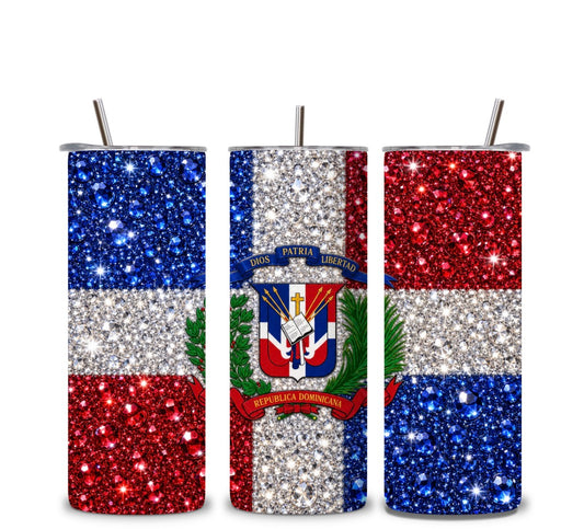 Dominican Republic Rhinestone Crystal Effect Tumbler – 20oz Skinny Insulated Cup