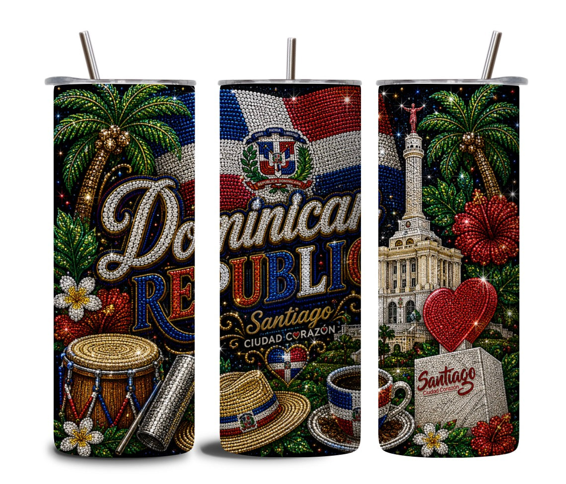 Vaso Térmico Skinny de 20oz con Efecto Imitación de Pedrería de la República Dominicana | Diseño Sublimado Brillante | Taza Tropical con Bandera y Café | Regalo para Dominicanos