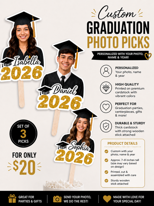 Custom Graduation Photo Picks – Set of 3 Personalized Centerpiece Sticks | Class of 2026 Graduation Party Decor