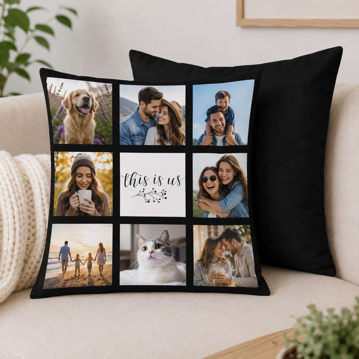 Custom Photo Pillow Cover 16x16 – Personalized Picture Pillow – Single Photo or 9 Photo Collage Cushion Cover