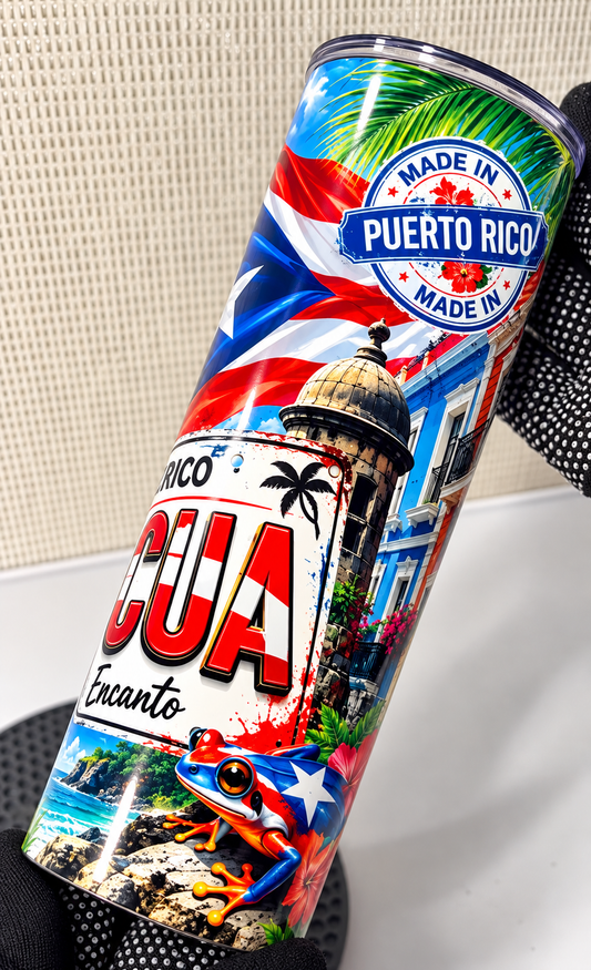 Puerto Rico Boricua 20oz Skinny Tumbler | Tropical Flag & Old San Juan | Puerto Rican Pride Sublimated Travel Cup