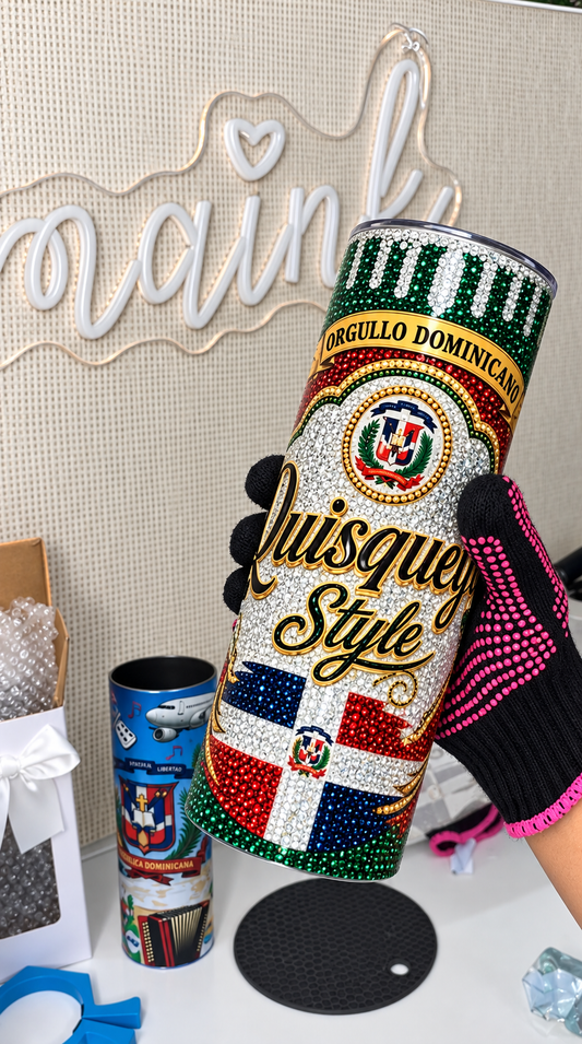 Quisqueya Style Dominican Republic Rhinestone Crystal Effect Tumbler – 20oz Skinny Cup 🇩🇴✨