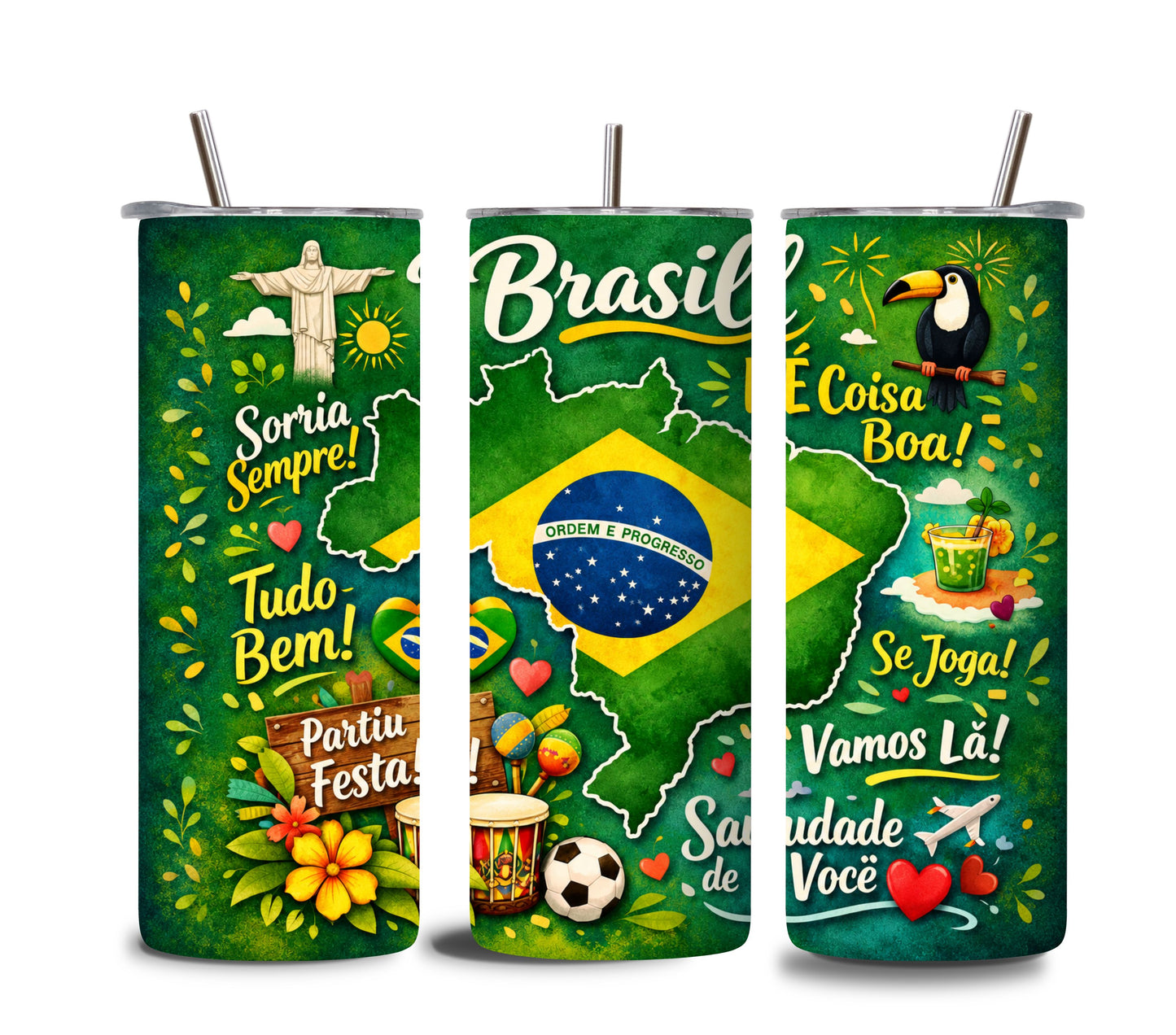 Brazil 20 oz Insulated Tumbler with Lid and Straw – Stainless Steel Cup Featuring the Brazilian Flag and Cultural Symbols – Brazilian Gift for Men and Women