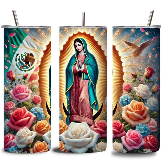 Nuestra Señora de Guadalupe Tumbler – 20oz Stainless Steel Insulated Cup with Floral Design, Ideal for Drinkware and Flasks