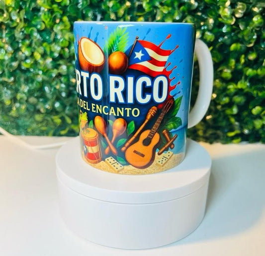 Puerto Rico Mug ~ Isla del Encanto Tropical Beach Design with Musical Elements and Hibiscus Flowers Ceramic Drinkware