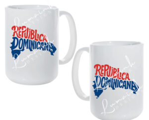 Taza República Dominicana – Diseño Mapa Creativo en Rojo, Azul y Blanco
