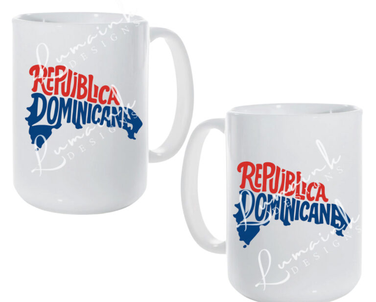 Taza República Dominicana – Diseño Mapa Creativo en Rojo, Azul y Blanco