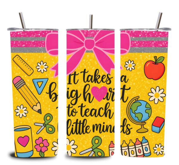 Big Heart Little Minds Tumbler – 20oz Yellow Teacher Tumbler with Pink Bow & School Supplies