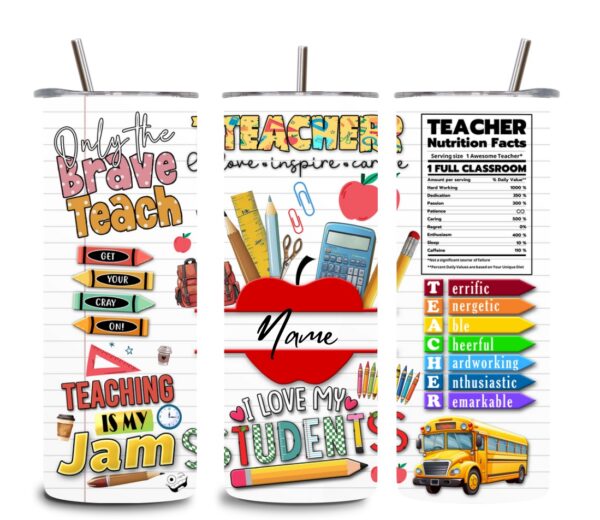 Personalized Teacher Tumbler – 20oz Back to School Cup with Nutrition Facts & Cute School Design