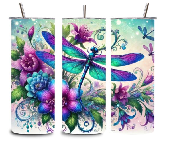 Dragonfly Floral Tumbler – 20oz Stainless Steel Colorful Fantasy Cup