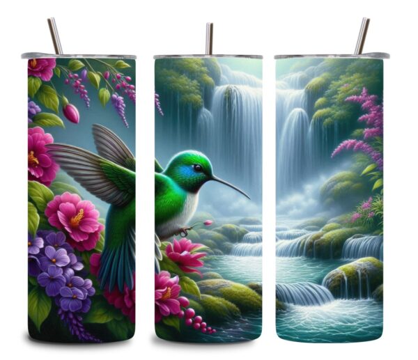 Hummingbird & Waterfall Tumbler – 20oz Stainless Steel Nature-Inspired Floral Cup