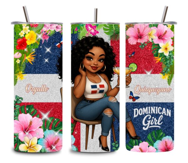 Dominican Girl Tumbler – Quisqueyano Pride | 20oz Stainless Steel Glitter Floral Cup