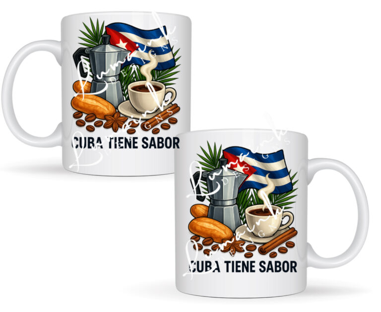 Cuba Tiene Sabor Mug – Cuban Coffee Cup with Flag, Moka Pot & Bread